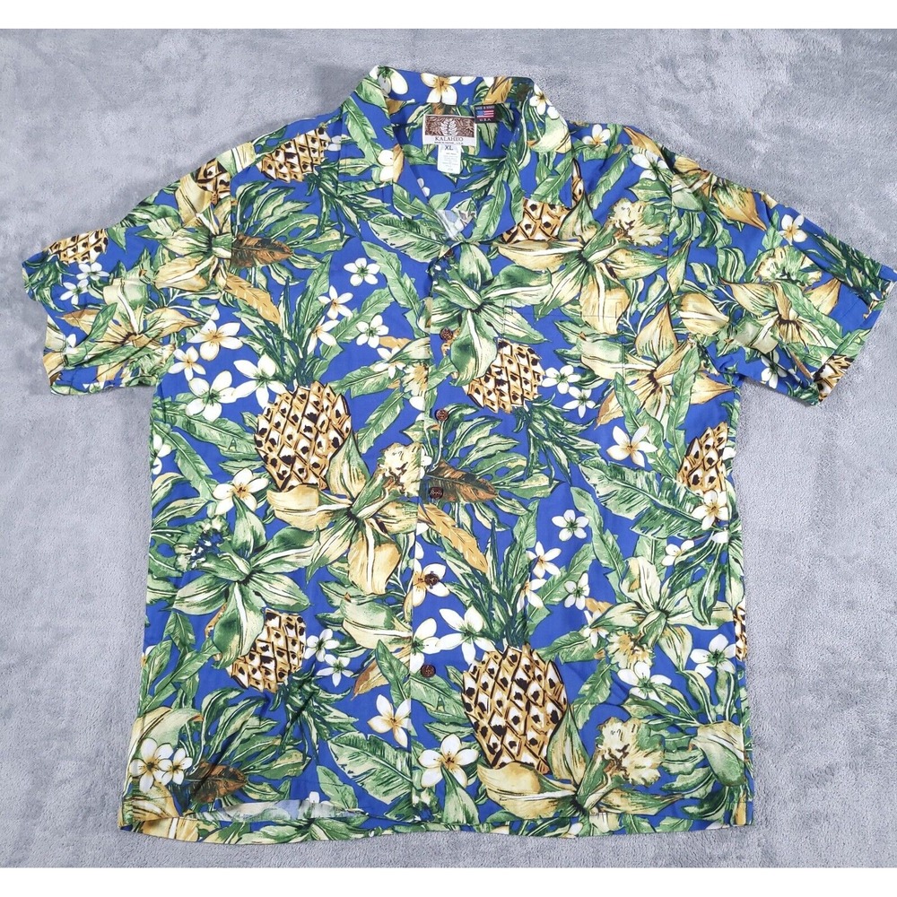 Kalaheo Hawaiian Shirt Mens XL Blue Pineapples All Over Print Aloha Rayon Vtg